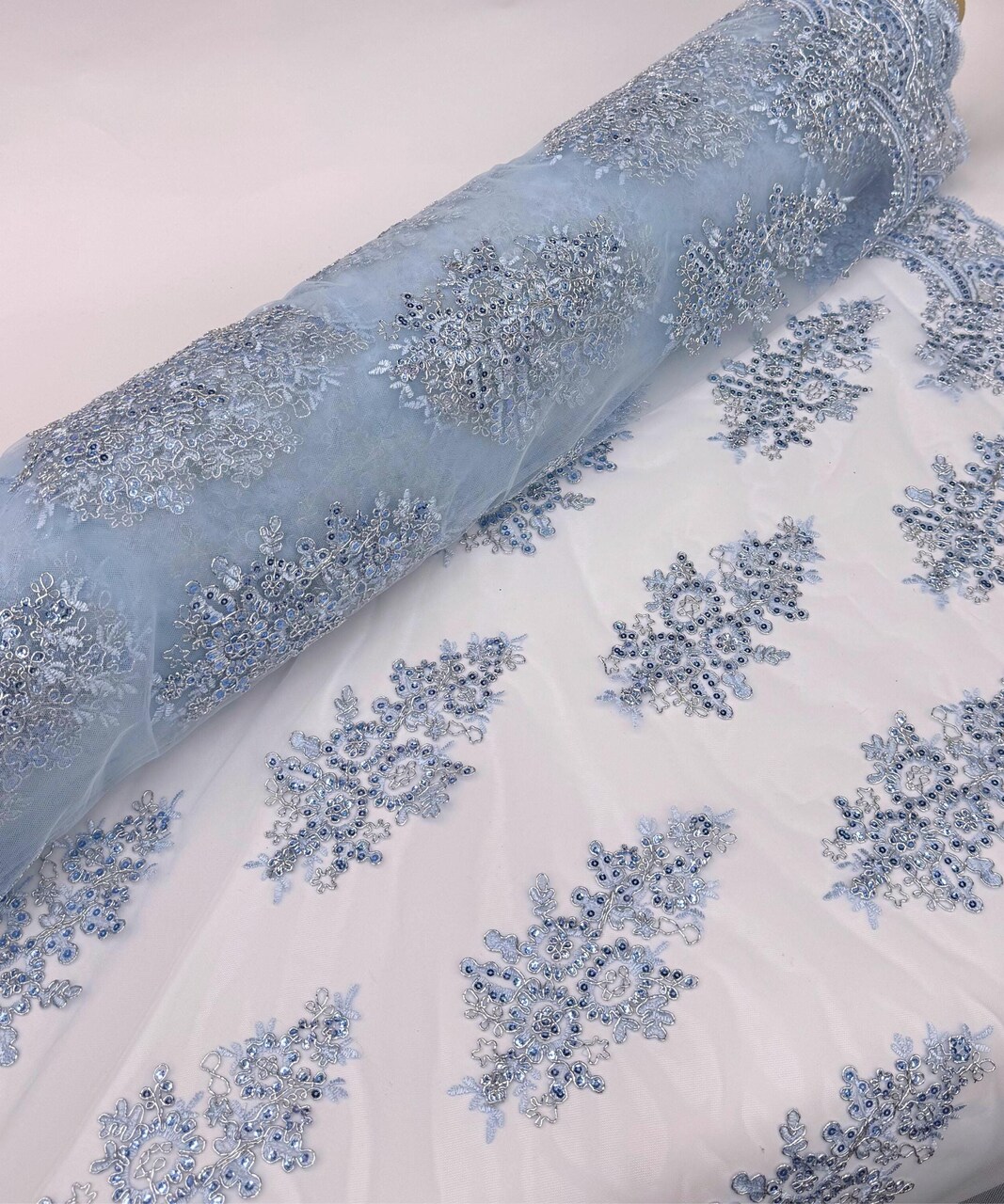 Light Blue Sequin Embroidered Lace Fabric by the Yard, 54" Wide Floral Mesh Lace with Double Scalloped Edges